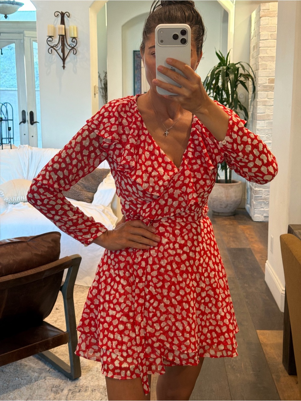 Free People Red and White Printed Wrap Mini Dress